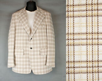 Vintage 70s Blazer 38R Off White Brown Plaid Checked Jacket Coat Disco Costume