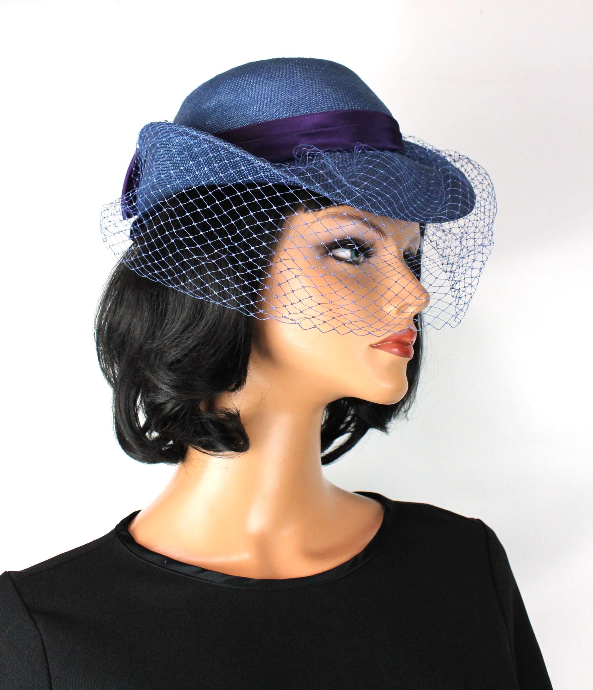 Vintage 60s Hat Sz S Sylvia Blue Purple Raffia Straw Tulle Netting