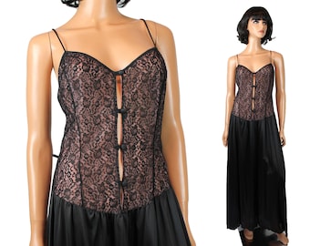 Vintage 70s Nightgown Sz M L Black Lace Illusion Pink Chiffon Long Sleeveless
