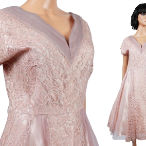 40s Cocktail Dress L Vintage Mauve Pink Purple Lace Tulle Wedding Bridesmaid Formal Prom Gown