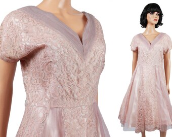 Vestido de cóctel de los años 40, talla grande, vintage, malva, rosa, morado, encaje, tul, para boda, dama de honor, vestido formal de graduación.