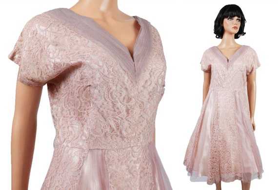 40s Cocktail Dress L Vintage Mauve Pink Purple Lac