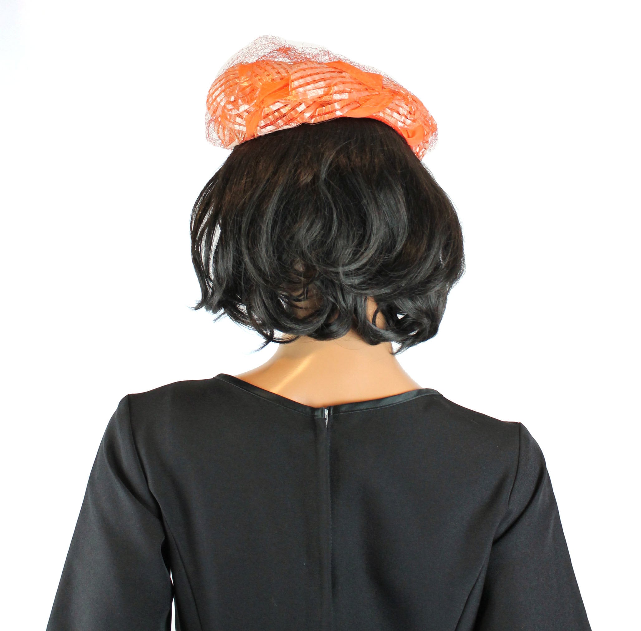 60s Pillbox Hat Sz L Vintage Orange Chiffon Peach Shiny 