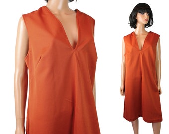 Vintage 70s Dress Sz 16 L Dark Burnt Orange Textured Polyester Sleeveless Jumper