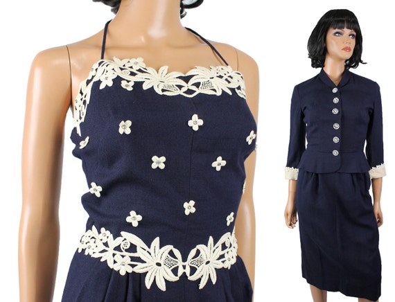 40s Dress Suit XS Vintage Carlye Navy Blue Gown &