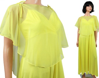 Yellow Dress & Chiffon Cape XS Vintage 70s Long Sleeveless Bright Disco Costume