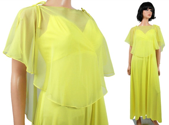 Yellow Dress & Chiffon Cape XS Vintage 70s Long S… - image 1