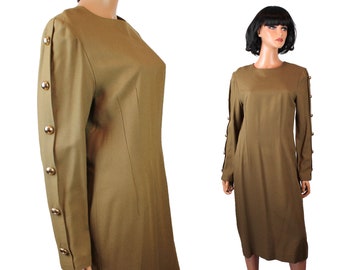 Vintage 80s Dress M David Warren Drab Olive Brown Green Wool Blend Long Sleeve