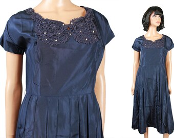 50s Cocktail Gown M L Vintage Dark Blue Taffeta Rhinestones Pearls Prom Dress