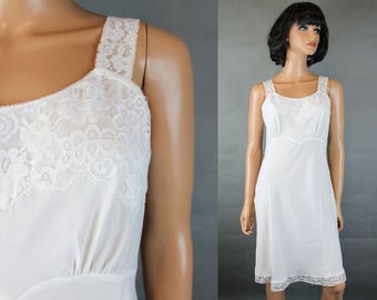 vintage 60s Slip Sz 34 M Blanc Rayonne Nylon Crêpe Biais Coupe Dentelle Garniture Dos Magique