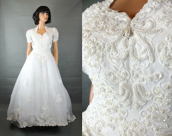 Vintage Wedding Gown Sz S White Satin Chiffon Beaded Dress w Cathedral Train