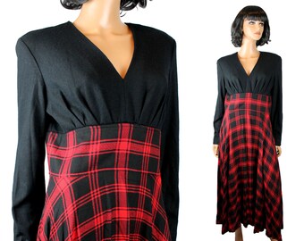 Vintage 80s Dress Sz M Black Wool Knit Red Plaid Rayon Long Sleeve Punk Goth