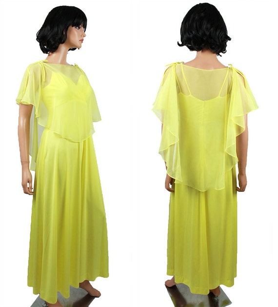 Yellow Dress & Chiffon Cape XS Vintage 70s Long S… - image 4