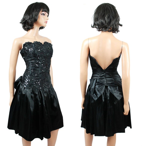 80s Prom Gown Jrs XS Vintage Strapless Black Sati… - image 3