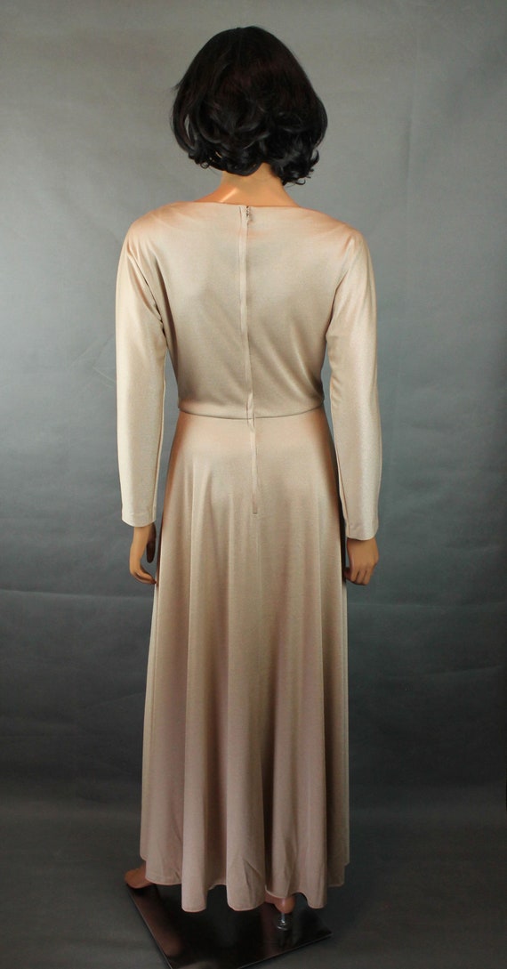 70s Maxi Dress S Vintage Long Sleeve Shiny Beige … - image 4