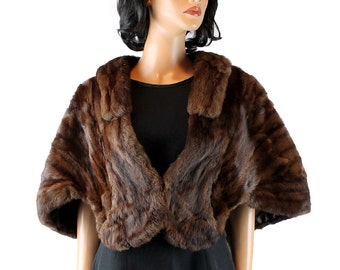 Squirrel Fur Stole Vintage 50s Dark Brown Wrap Cape Shrug One Size Mink Look