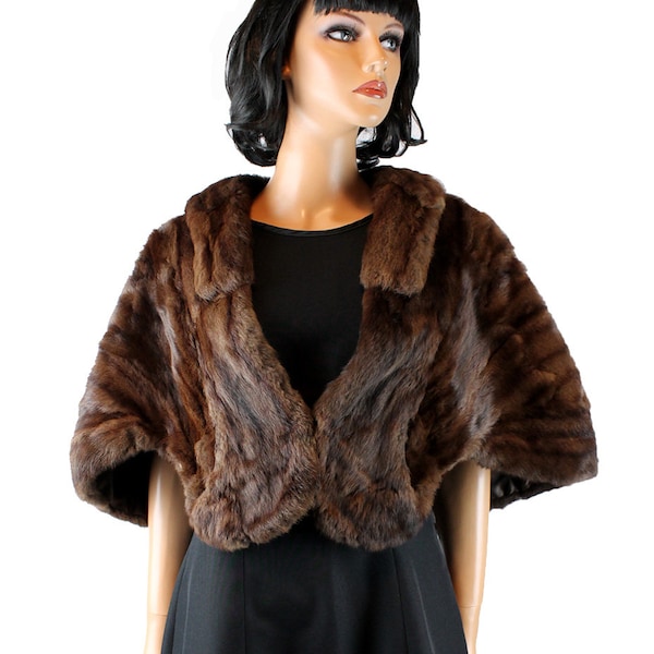 Squirrel Fur Stole Vintage 50s Dark Brown Wrap Cape Shrug One Size Mink Look