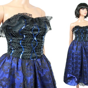 80s Prom Dress Jrs XS Vintage Strapless Black Lace Blue Satin Long Gown image 1