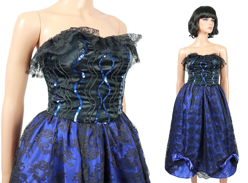 80s Prom Dress Jrs XS Vintage Strapless Black Lace Blue Satin Long Gown image 1