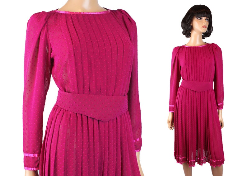 80s Secretary Dress Sz S Vintage Sheer Fuchsia Dark Pink Chiffon Crepe Swiss Dot Free US Shipping