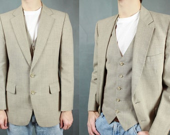 Vintage Vest & Blazer Set 38R Beige Wool Blend Pinstripe Striped Suit Jacket