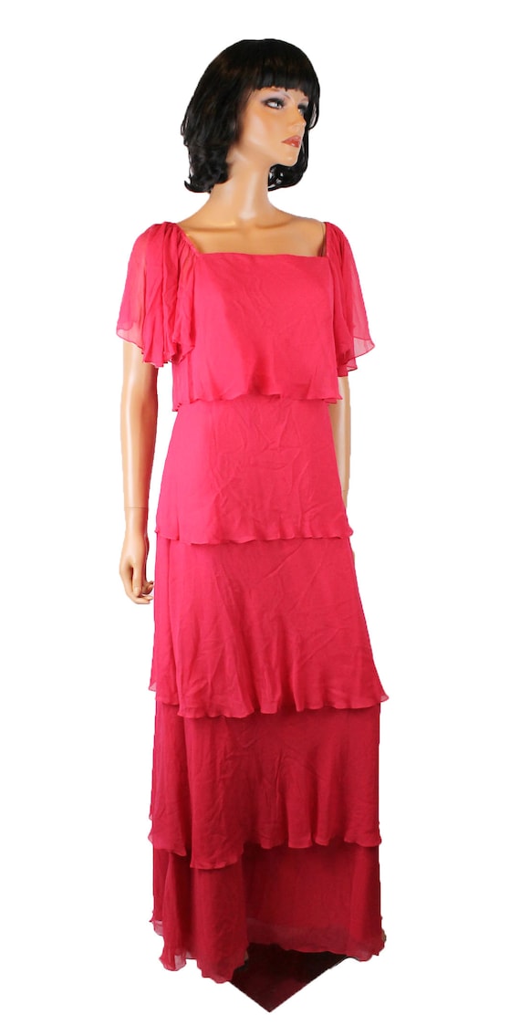 70s Cocktail Dress Sz S Vintage Dark Pink Tiered … - image 3