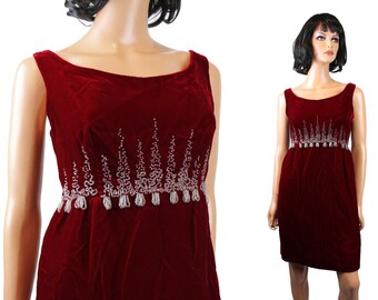 60s Cocktail Gown XS Vintage Sleeveless Dark Red Velvet Silver Beaded Mini Dress
