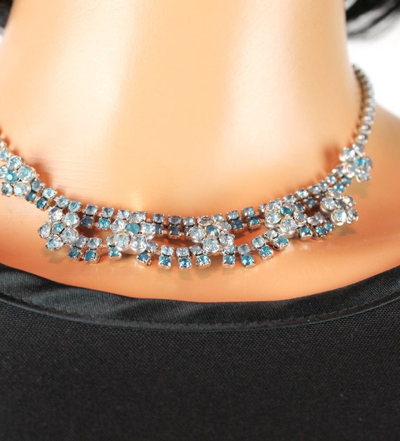 50s Rhinestone Necklace 15." Vintage Ice Blue Sap… - image 1