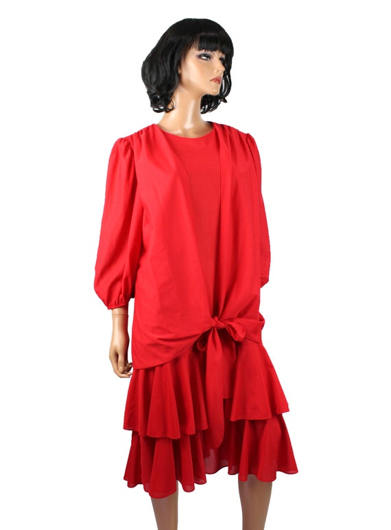 80s Twinset Dress Sz L Vintage Red Crepe Ruffled … - image 5