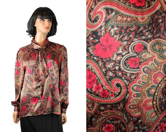 Pussy Bow Blouse 14 L Vintage Brown Pink Floral Paisley Shiny Satin Dress Shirt