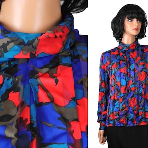 Turtleneck Blouse Sz 10 M Vintage 80s Blue Red Floral Semi Sheer Dress Shirt Nicola
