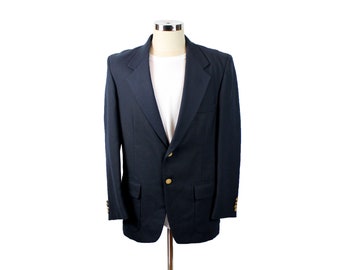 Vintage Sports Coat 40R 80s Farah Wool Blend Dark Midnight Blue Blazer Jacket