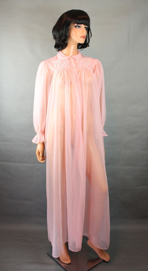 Vintage Peignoir sz 34 M 50s Long Pink Sheer Chif… - image 4