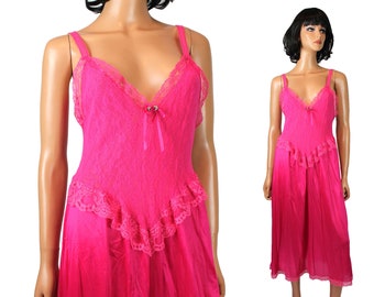 Stretch Lace Nightgown Sz M L Vintage 80s Hot Pink Sleeveless Semi Sheer