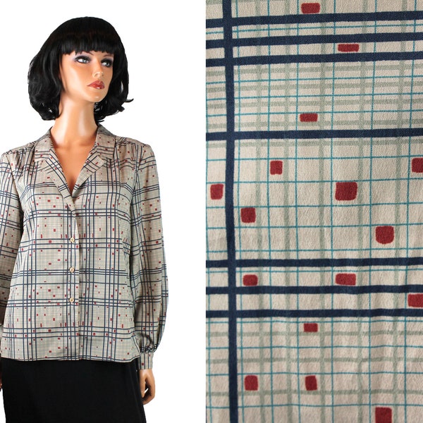 80s Secretary Blouse Sz M Vintage Beige Gray Blue Red Checked Geometric Shirt