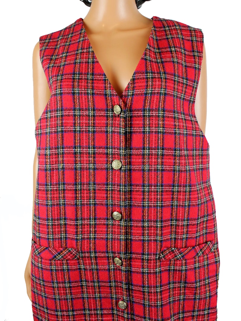 80s Jumper Dress Sz 12 L 100/% Wool Red Black Plaid Schoolgirl Button Down Shift Free US Shipping