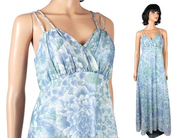 70s Floral Dress S Vintage Long Sleeveless Blue White Green Flared A Line Maxi