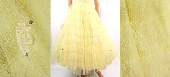 50s Prom Dress XS Vintage Yellow Tulle Strapless … - image 3