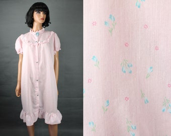 Button Down Nightgown L Vintage Pink Blue Floral Cotton Blend Babydoll Shortie