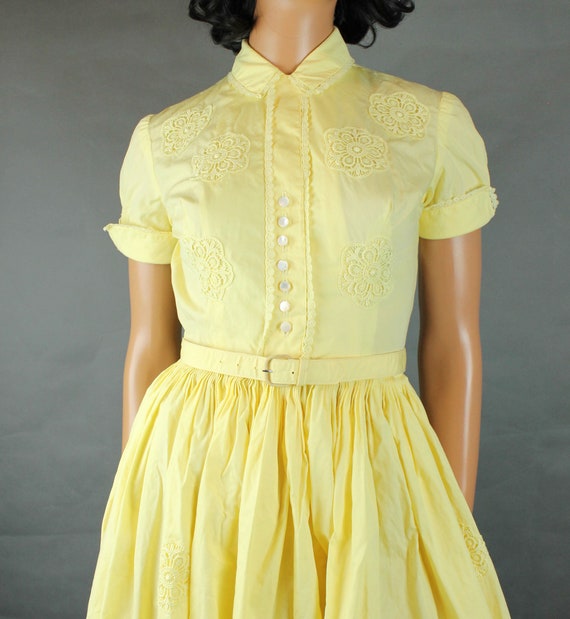 50s Party Gown Sz XS Vintage Butter Yellow Cotton… - image 2