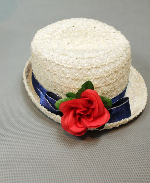 Raffia Trilby Hat Sz M Vintage Red White Blue Lad… - image 5