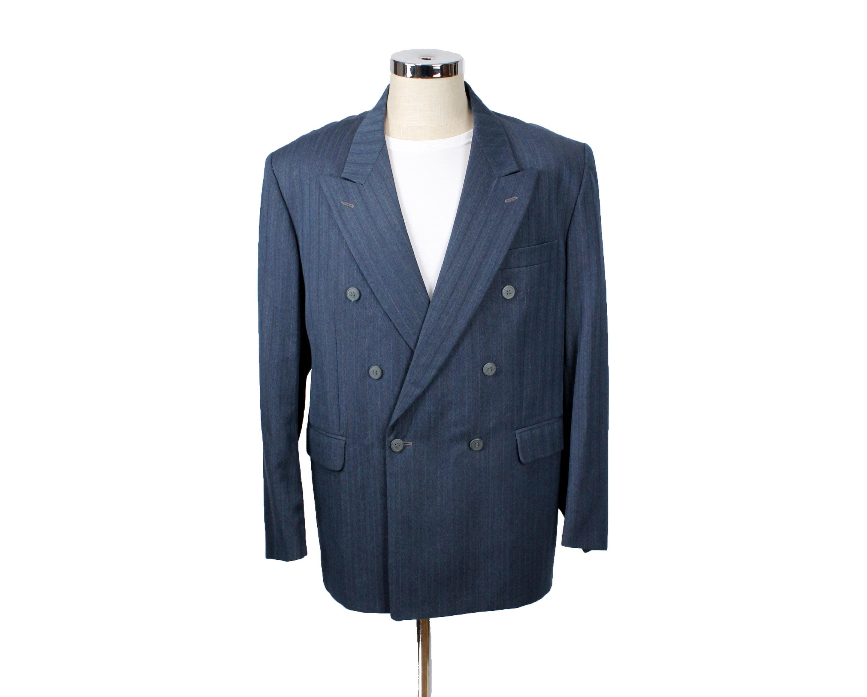 Double Breasted Blazer 44R Vintage Blue Brown Pinstripe Wool Blend