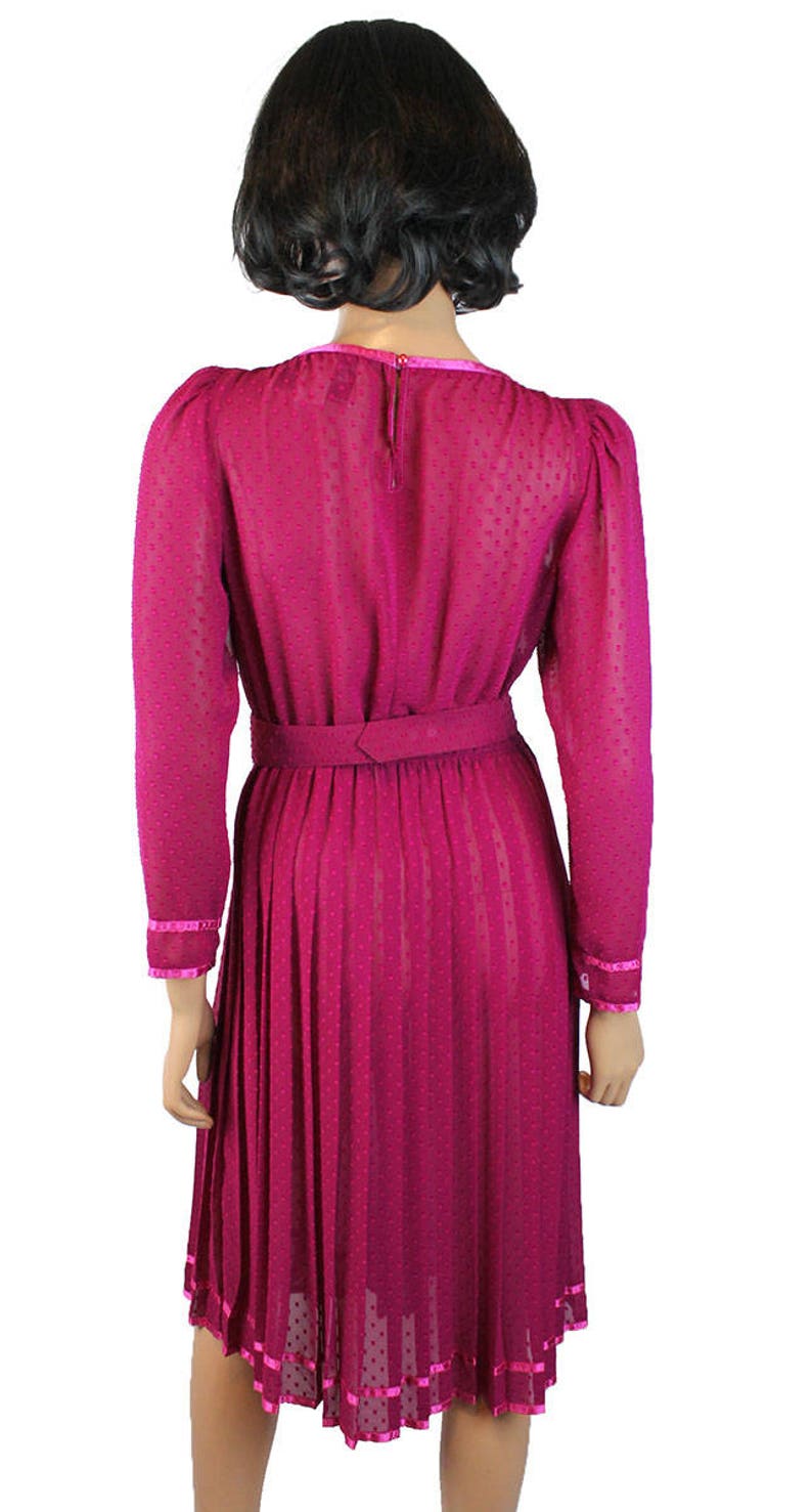 80s Secretary Dress Sz S Vintage Sheer Fuchsia Dark Pink Chiffon Crepe Swiss Dot Free US Shipping