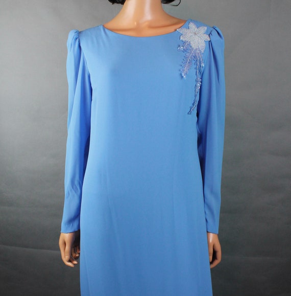 80s Cocktail Gown Sz M Vintage Blue Beaded Long S… - image 2