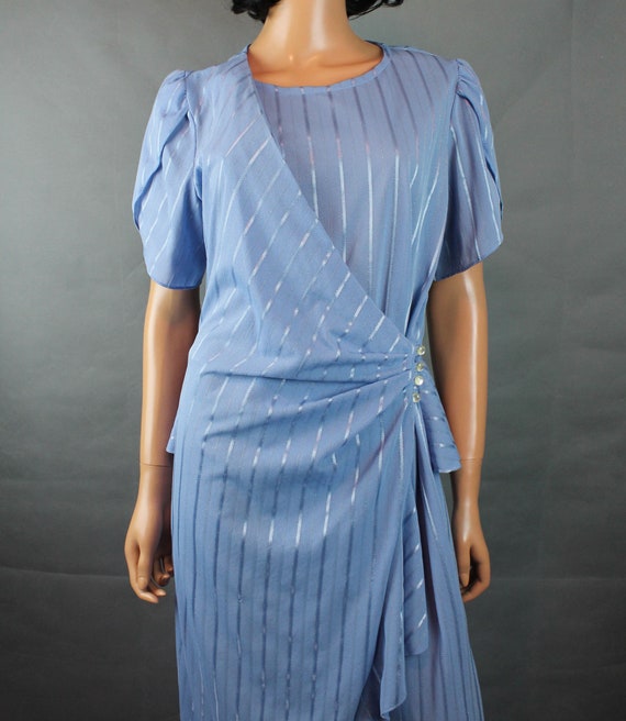 Vintage Wrap Dress Sz M 80s Light Blue Metallic S… - image 2