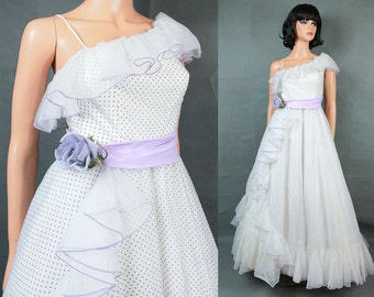 One Shoulder Prom Dress XS Vintage White Chiffon Purple Swiss Dot Wedding Gown