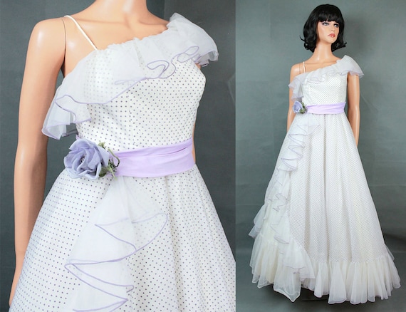 One Shoulder Prom Dress XS Vintage White Chiffon … - image 1