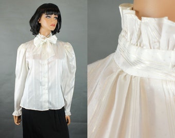 Victorian Style Blouse Sz M Vintage 80s White Gold Ruffled Pussy Bow Shiny Shirt