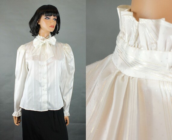 Victorian Style Blouse Sz M Vintage 80s White Gold Ruffled Pussy Bow Shiny  Shirt - Etsy