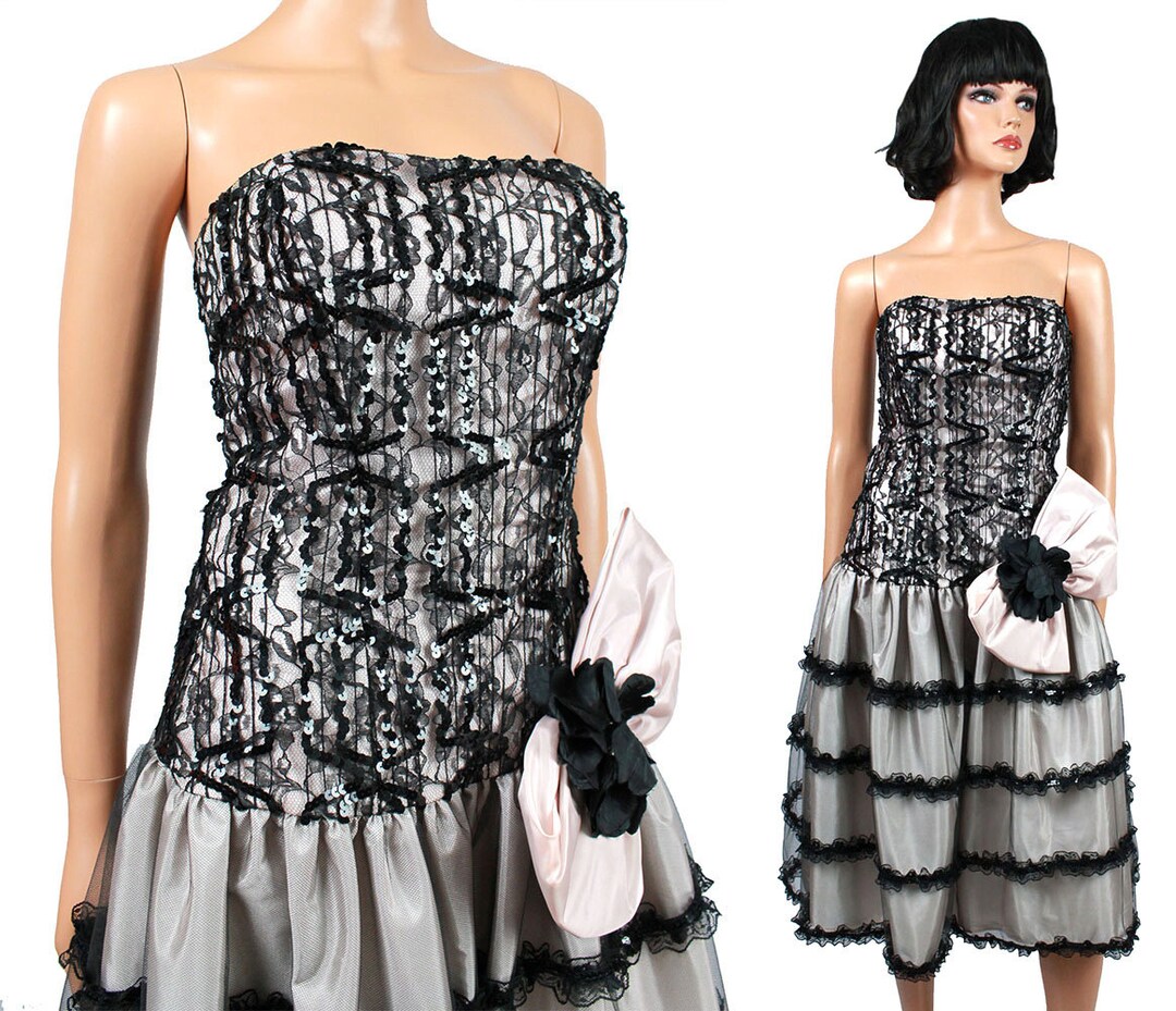 80s Prom Dress Jrs XS Sz 1 Vintage Black Pink Tiered Lace Tulle Sequin ...